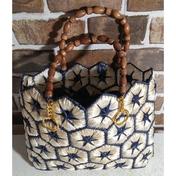 Vintage Straw Woven Blue Star Handbag - Picture 4 of 12